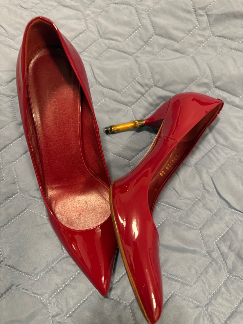 Gucci Red Patent Leather Pointed Pumps with Gold Accent Heel
